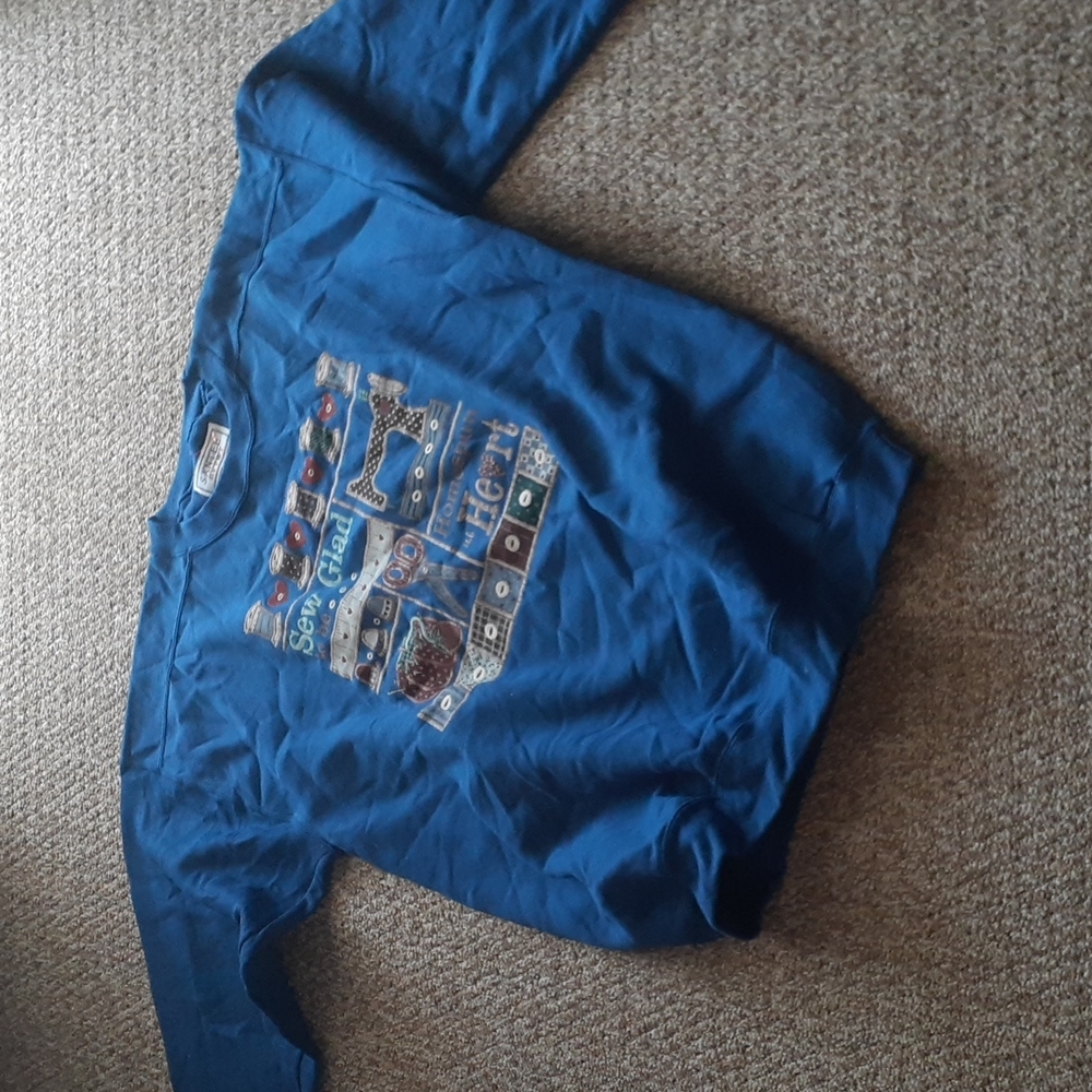 Santee Sew Glad Homespun at Heart Blue Graphic Sweatshirt Cottagecore SIZE XL